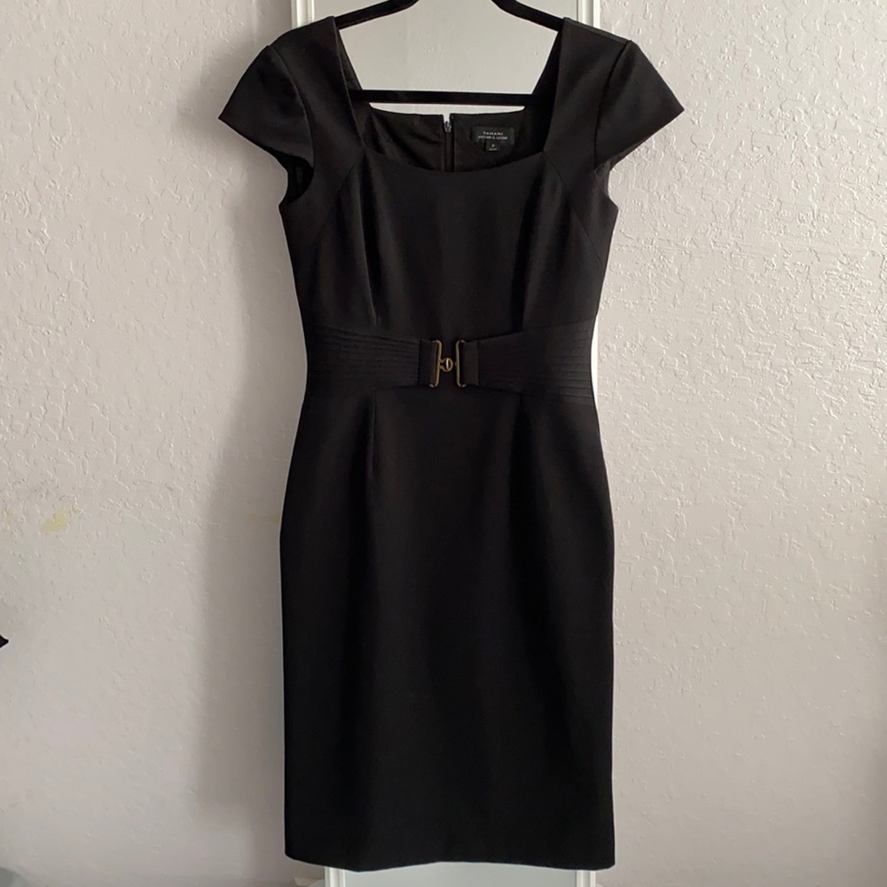 Tahari Arthur S. Levine black cap sleeve dress with front buckle. Size 2-